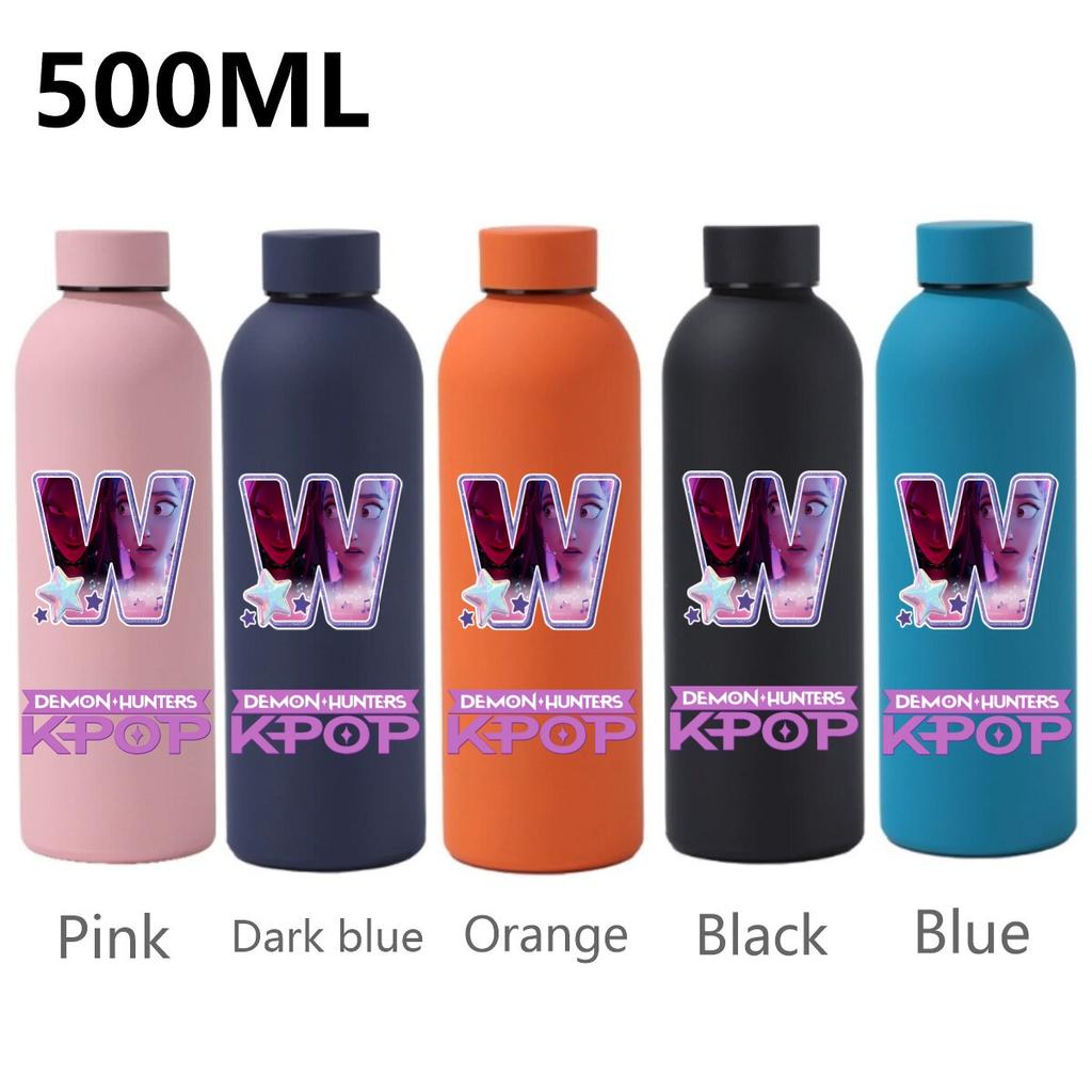 500ML KPop Demon Hunters Sport Leak Proof Stainless Steel Insulated Mug Water Cup Letter Number Cartoon Print Birthday Gifts