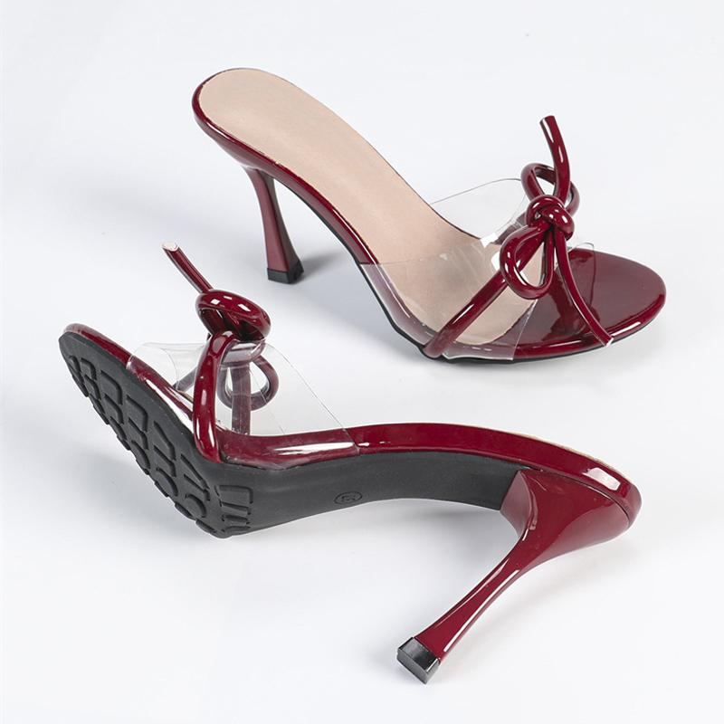 Мода Liyke Дизайнер Красная Лакированная Кожа Бант Женские Прозрачные Шлепанцы Сандалии Лето 9СМ Тонкий Высокий Каблук Туфли Женские Мюли Слайды