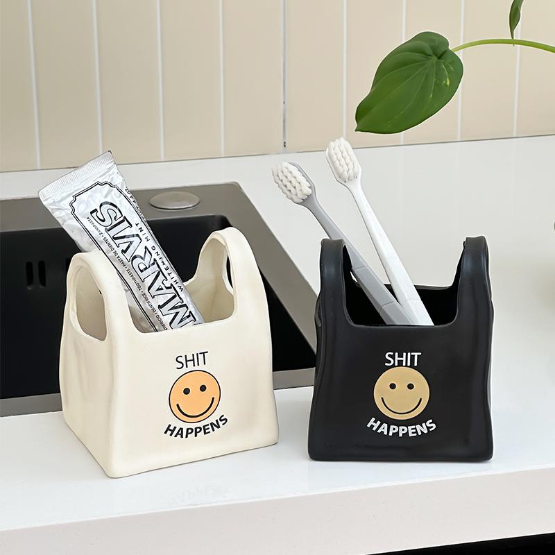 Creative Cute Tote Bag Smiling Face Pen Holder Home Office Desktop Decoration Ornament Stationery Multifunctional Storage Bucket