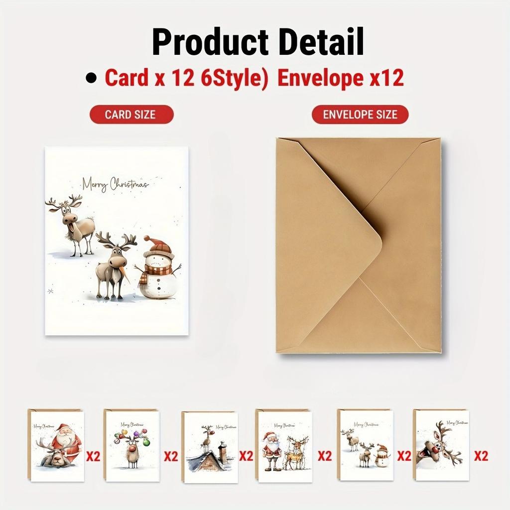 12/24pcs Funny Christmas Cards with Envelopes -Holiday Greeting Card Set - Blank Inside for Personal Messages - Festive Santa