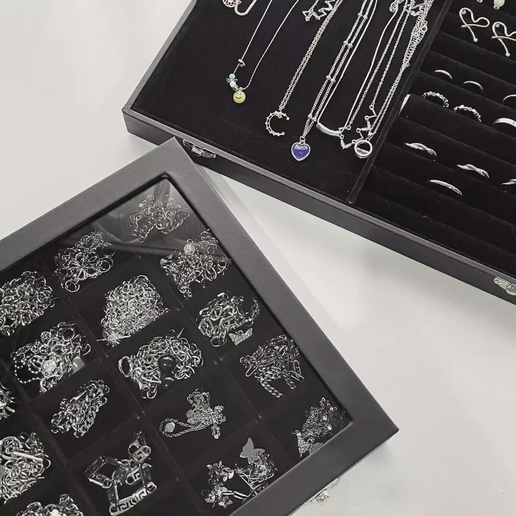 Черная бархатная шкатулка для украшений с решеткой и крышкой — высококачественное пыленепроницаемое хранилище для ожерелий, колец и сережек