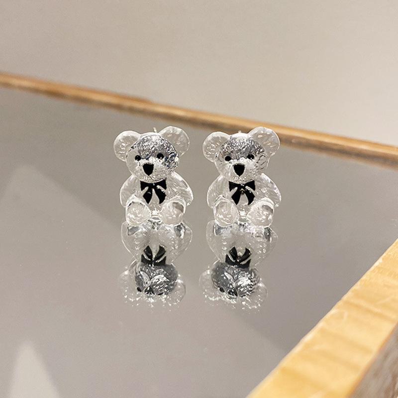 925 Silver Korean Dongdaemun Bear Earrings - Cute, Trendy Design with Transparent Bear Accents for Women