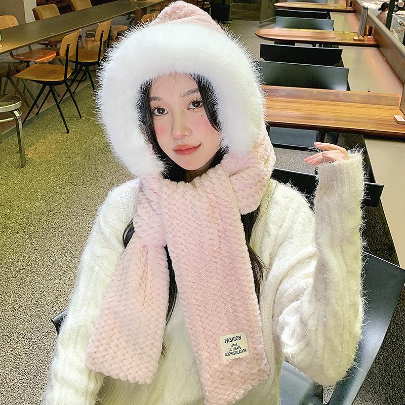 Autumn and Winter Plush Hat, Women's Large Head Circumference, Windproof Ear Protection Scarf, Integrated Hooded Thickened Warm Wool Hat