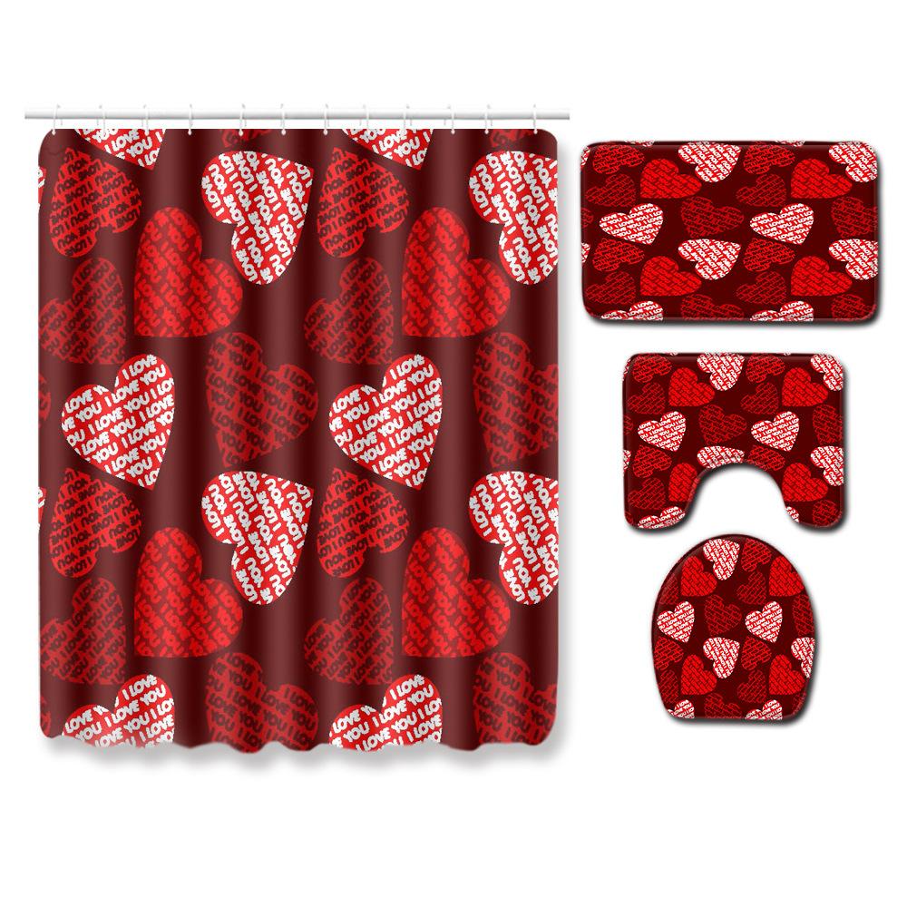 Valentine'S Day Toilet Shower Curtain Four-Piece Printed Floor Mat Set Bathroom Floor Mat Bedroom Absorbent Door Mat Carpet