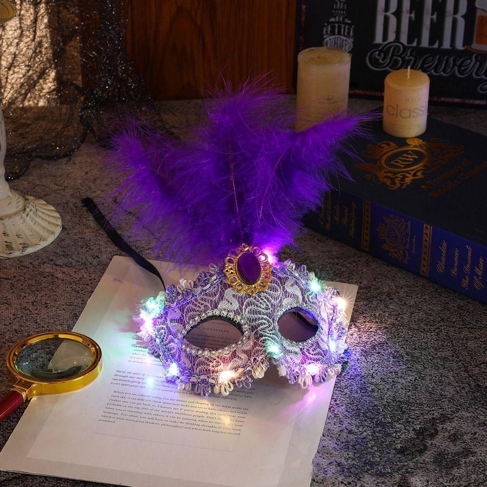 Rhinestone LED Glowing Mask Plastic Venice Masquerade Mask Creative Feather Mask  Halloween
