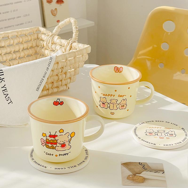 ins cream wind ceramic mug, cute rabbit coffee water cup living room children's household breakfast milk cup