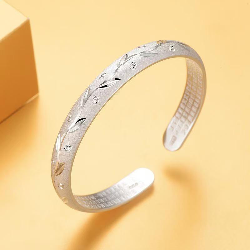 Gypsophila Heart Sutra Silver Open Bangle: Simple Women's Buddhist Bracelet