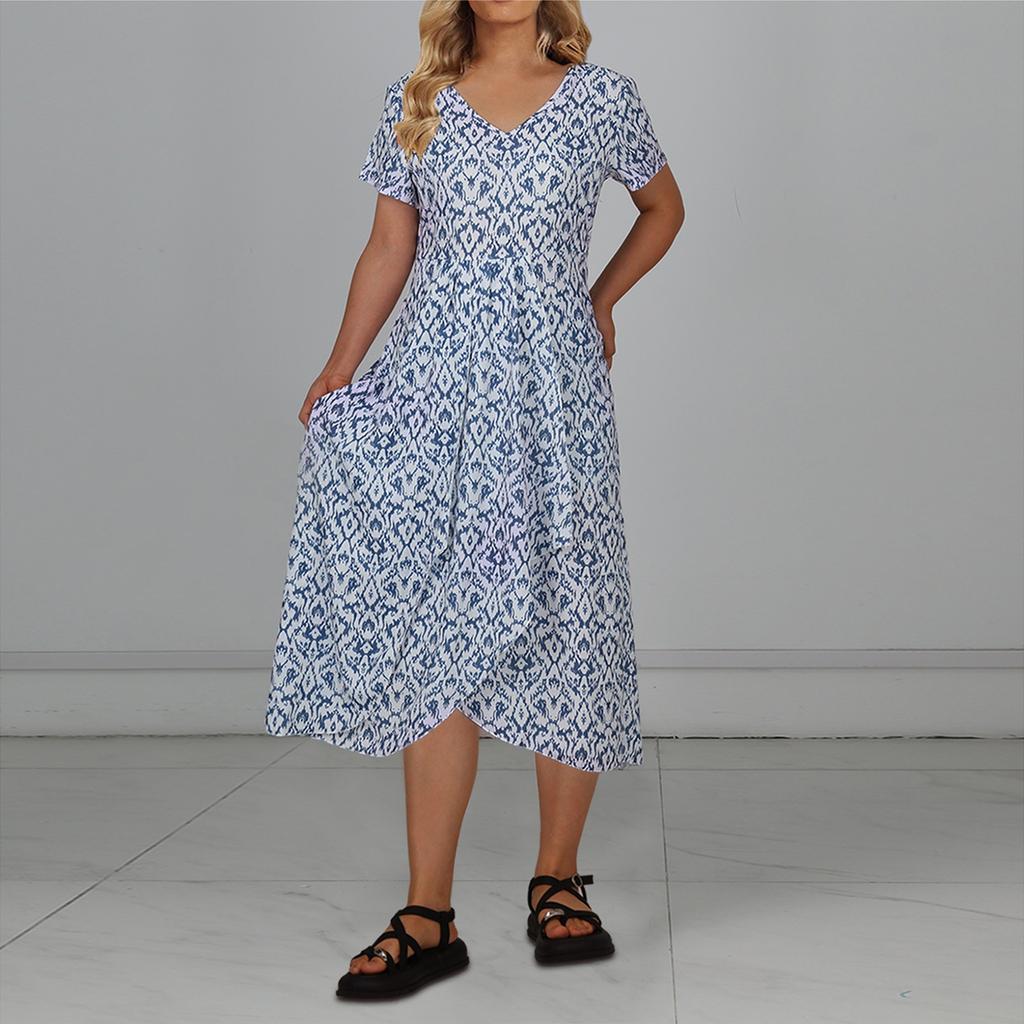 Женское повседневное большое длинное платье с v-образным вырезом и молнией с короткими рукавами и вставками с принтом