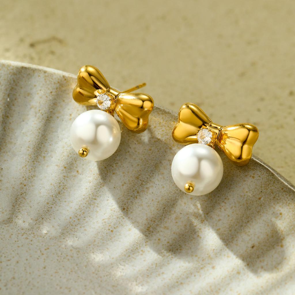 GEMCHIC Women's 18K Gold Plated Stainless Steel Bow Pearl Zircon Heart Earrings