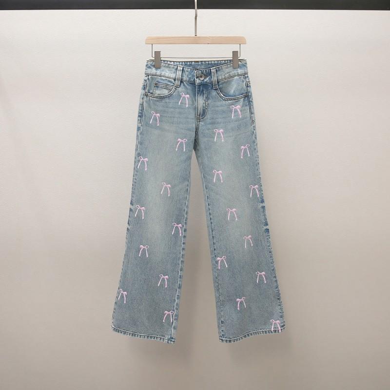 Womens High-Waisted A-Line Denim Pants With Bow Detail Pink Casual Chic Trousers Style