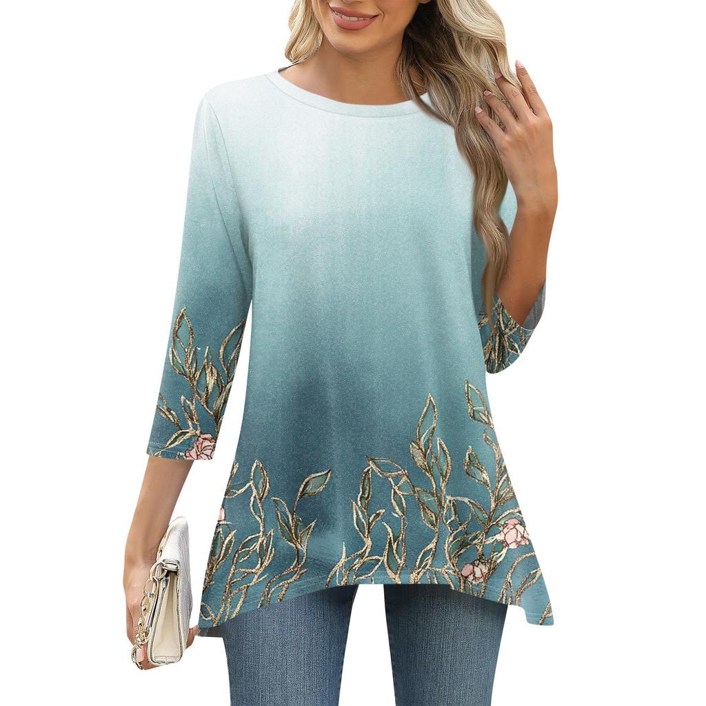 3/4 рукав туника топы для женщин принтованный повседневный выходной свободный крой модная базовая футболка с круглым вырезом