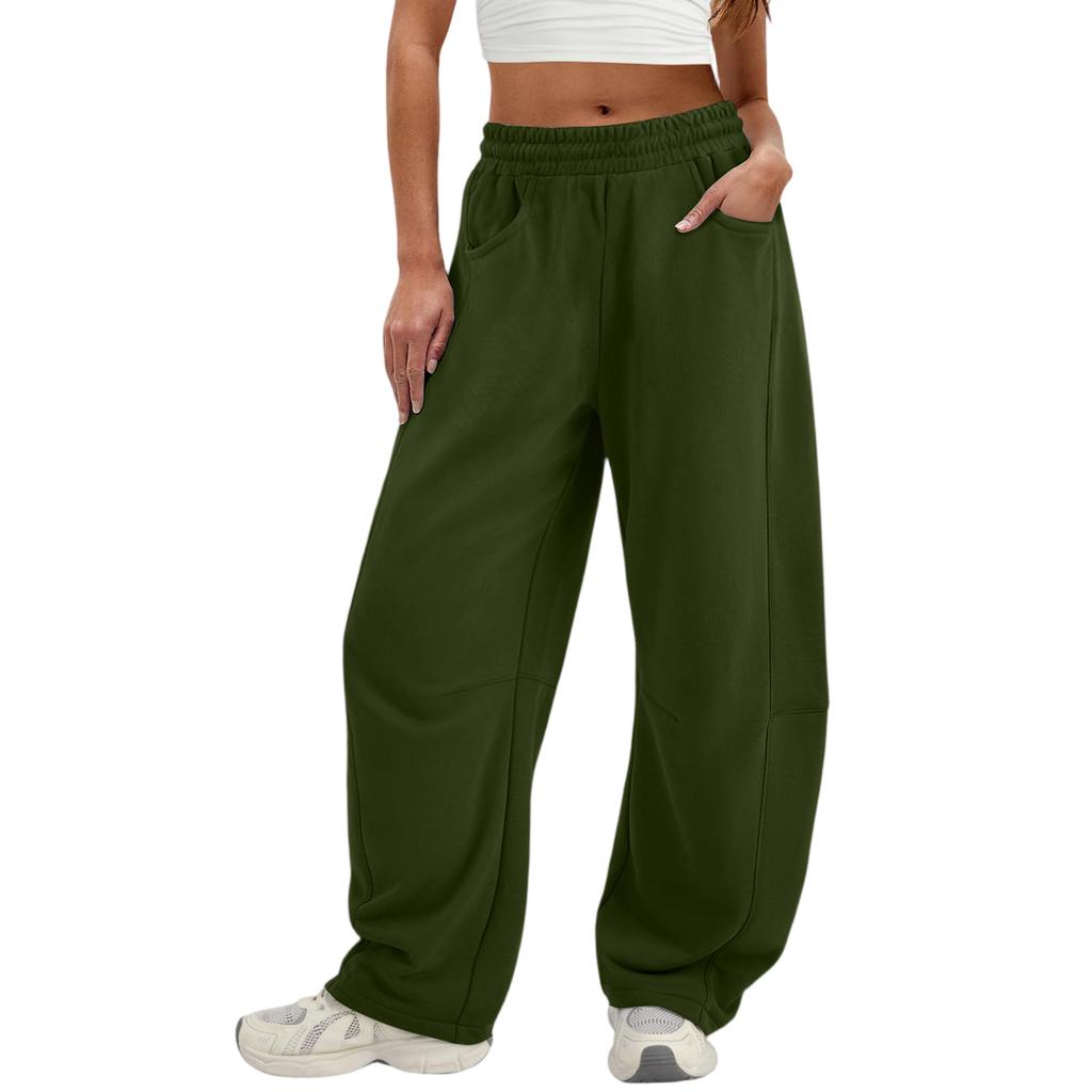 Women's Fashionable Solid Color Elastic Waist Pocket Casual Sweatpants Pants