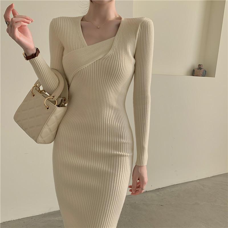 Fall Winter Cross Square Collar Sweater Dresses Women Long Sleeve Bodycon Slim Bottoming Office Party Knitted Dress
