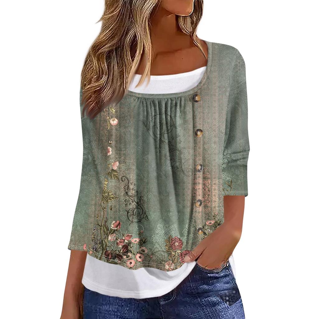 Women's T Shirt Tee Print 3/4 Sleeve Fake Two Pieces Daily Weekend Fashion Basic Regular Top