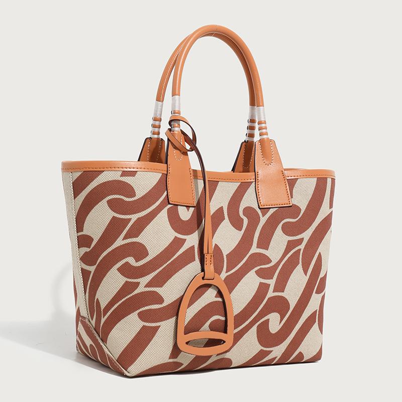 2025 New High-End Fashion Canvas Handbag for Women, Single-Shoulder Large-Capacity Patchwork Leather Versatile Commuting Tote Bag