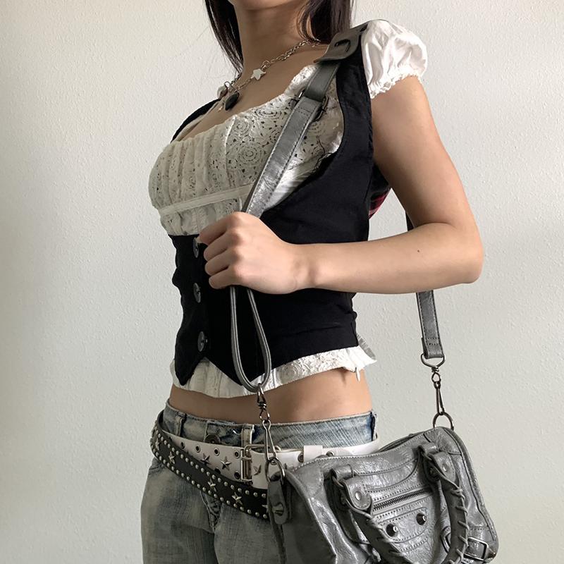 2KWEIRD Black Button Up Corset Top Women Fashion Sleeveless Skinny Tank Tops Vintage Y2k Streetwear Tees Harajuku 90s Girdle Vest