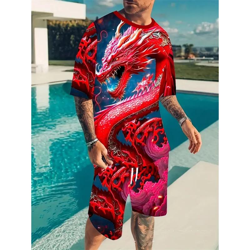 Спортивный костюм для мальчика с объемным принтом льва с короткими рукавами, для путешествий и отдыха, комплект из двух частей, одежда больших размеров, детский комплект