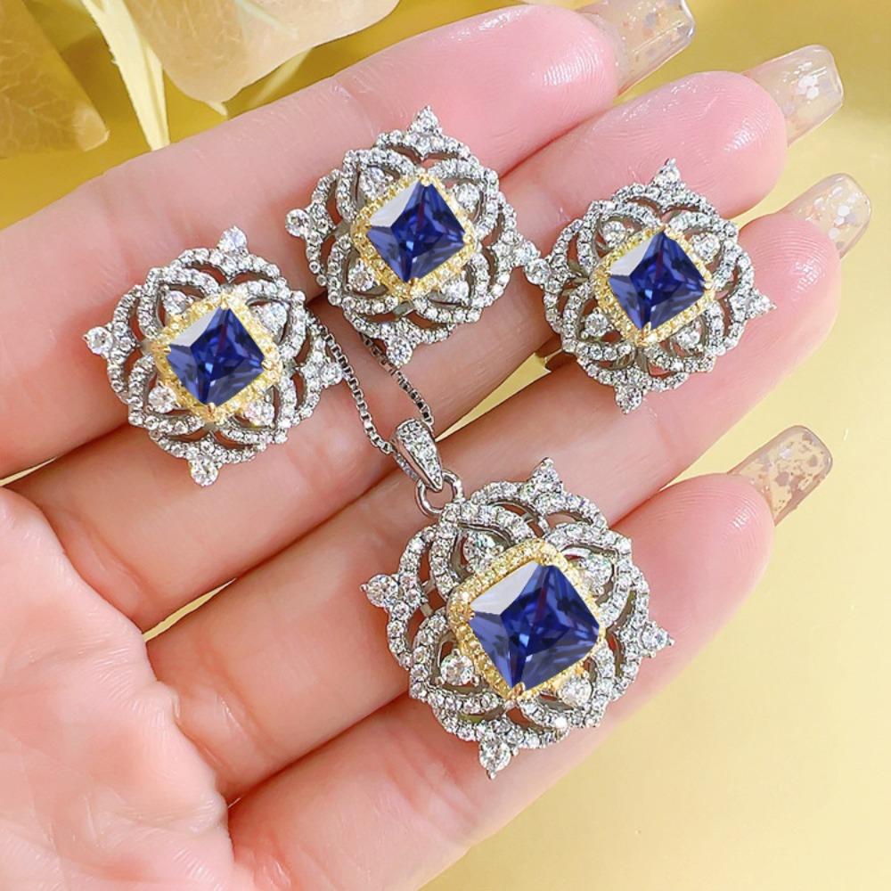 Fashion Vintage Women Jewelry Set Yellow Diamond Flower Ring Princess Cut Pendant Earrings Royal Blue Necklace