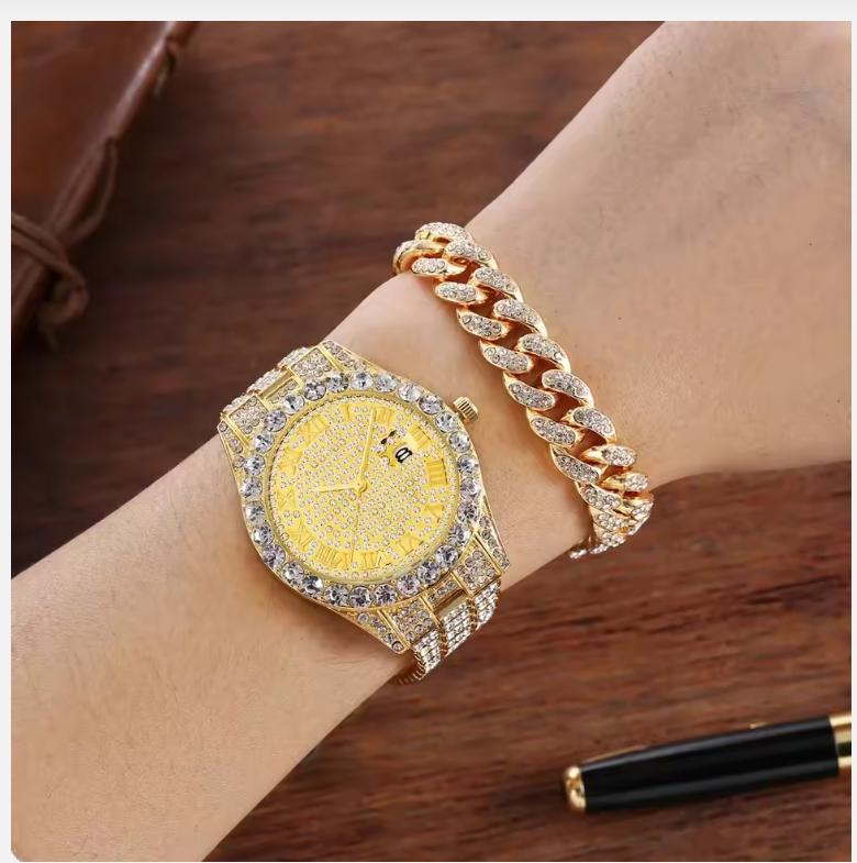 2 шт./компл. - Блестящие часы со стразами и браслет кубинского плетения - Сверкающие кварцевые часы с прочным стальным ремешком