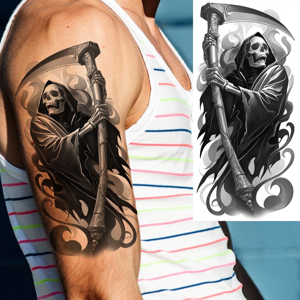 1 Sheet Scary Grim Reaper Skull Temporary Tattoos Halloween Tatoos Long Lasting Waterproof Tiger Wolf Beast Fake Tattoo Stickers