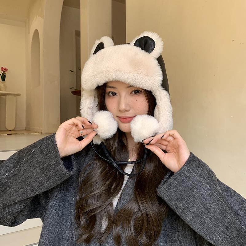 Women's Winter Leather Plush Lei Feng Hat with Panda Earmuffs - Windproof and Cute for Outdoor Cycling