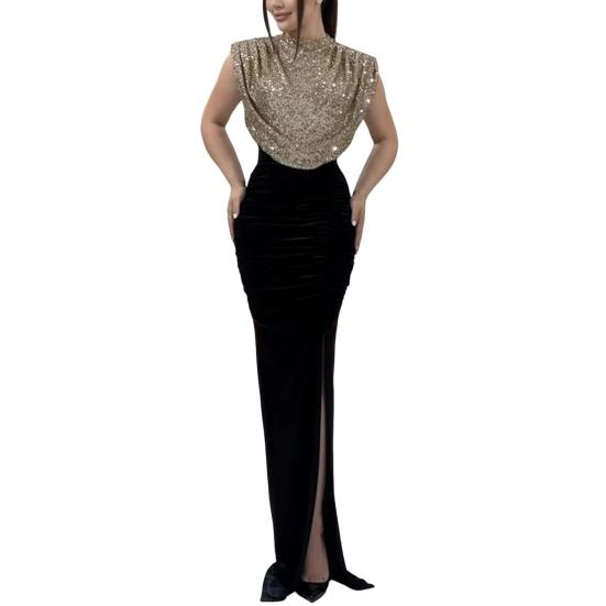 Женское блестящее платье с круглым вырезом, без рукавов, с высокой талией, длинное платье с пайетками, вечернее платье