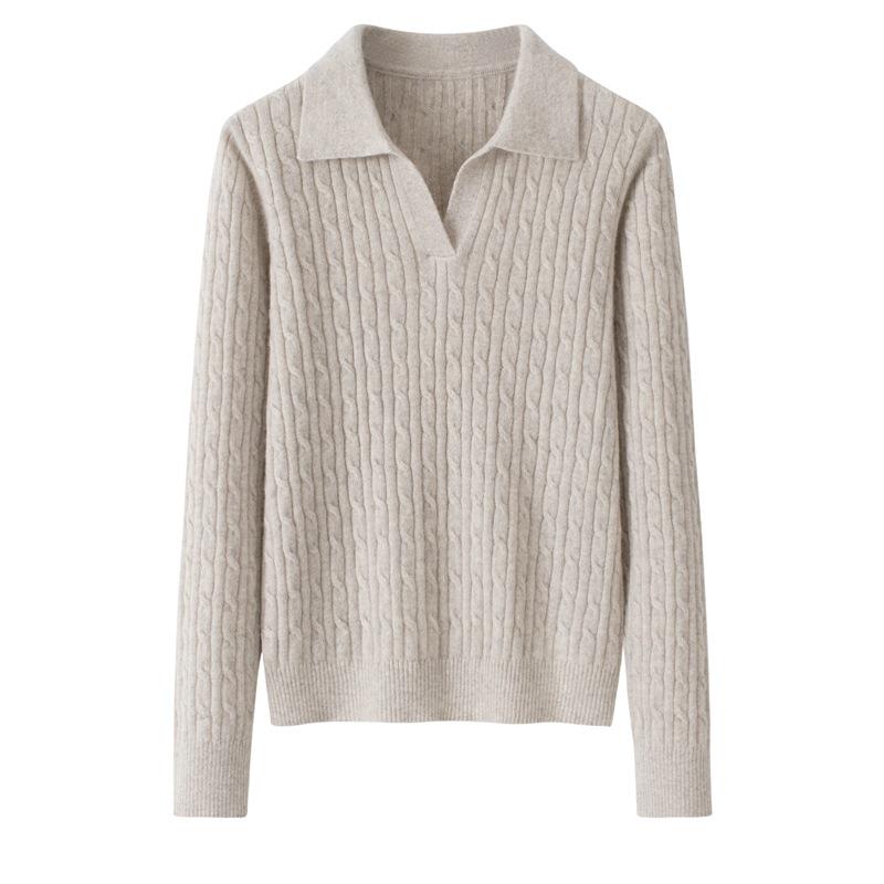 Women's 100% Pure Cashmere Cable Knit Lapel Sweater - Slimming and Versatile Pullover