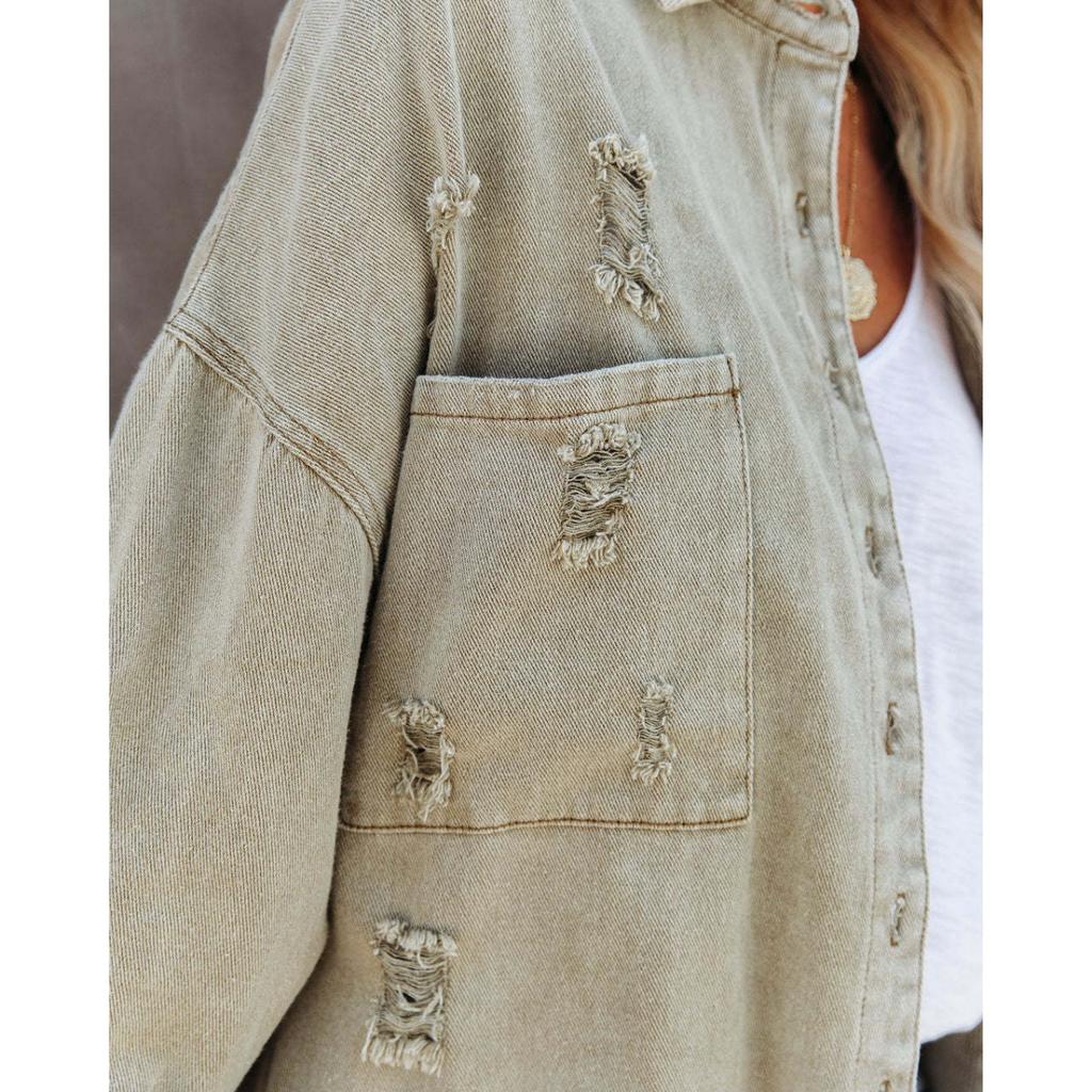 Lapel Long Sleeve Vintage Street Ripped Raw Edge Denim Jacket Women's