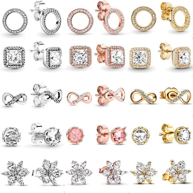 Подлинные серьги-гвоздики из стерлингового серебра 925 пробы с круглыми и бесконечными украшениями, квадратные серьги-гвоздики с блестками для женщин, европейский подарок, ювелирные изделия своими руками