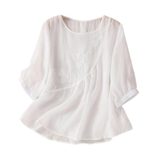 Женская повседневная рубашка с рукавом три четверти, асимметричный подол, вышитый цветочный узор, круглый вырез, однотонный топ
