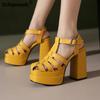 Plus Size 50 Women Gladiator Sandals Chunky High Heels Goth Shoe Platform T-strap Navy Blue Buckle Sandals Vintage