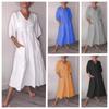 European & American Autumn Women's Cotton Linen Deep V-Neck Ruffled Casual Pocket Dress