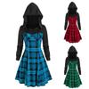 Fashion Womens Loose Plaid Print Hooded Mid-Waist Long Sleeve Sheath Dress