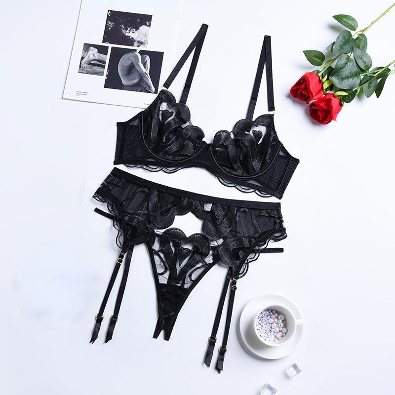 3-Piece Lace Bra Sets Hollow Out Heart Pattern Sexy Lingerie Set Ladies Black Panty Underwear Set ZPG