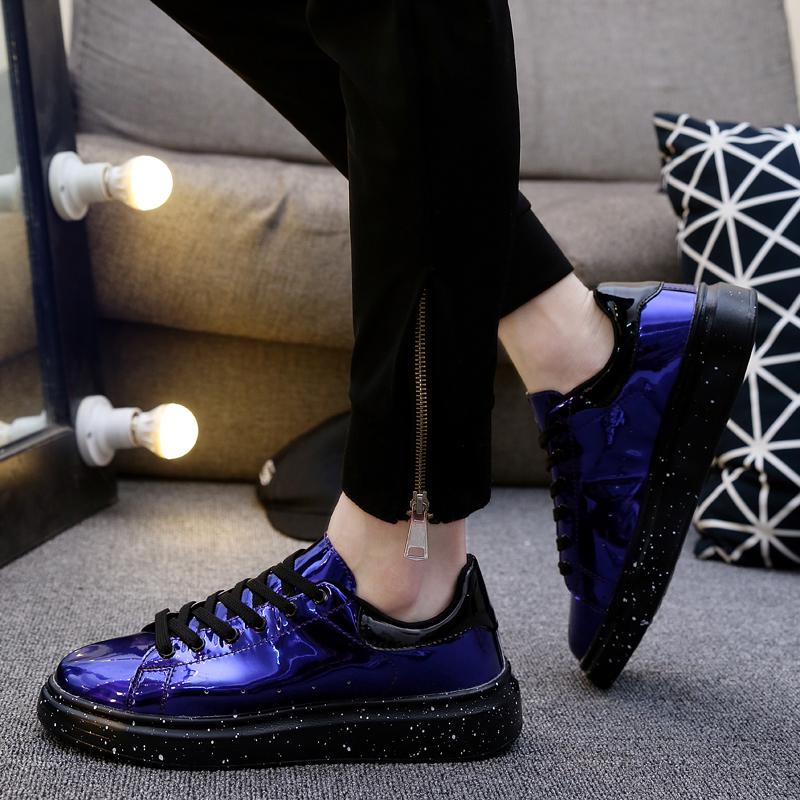 Fashion Men Light Leather Flat Sneakers Fashion Silver Men's Shoes Punk Casual Mirror Shoes Streetwear Sneakers Men Rock Hip Hop Shoes