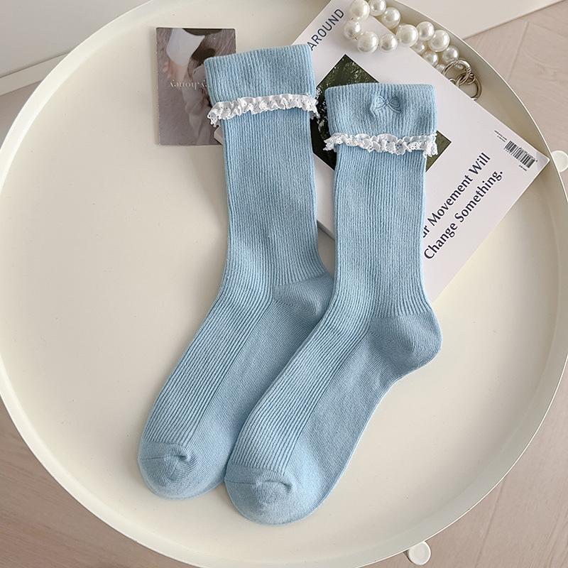 Simple All-Match Girly Cotton Socks Lace Bow Sweet Sock Casual Breathable Sweat-Wicking Mid-Tube Socks Accessories Gifts
