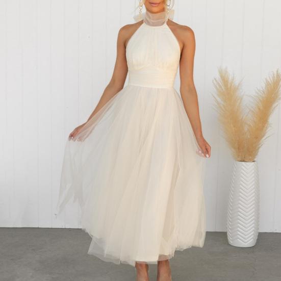 Lady Evening Dress Lace-up High Collar Halter Neck Backless Off Shoulder Sleeveless Multi-layer Mesh Hem Solid Color A-line