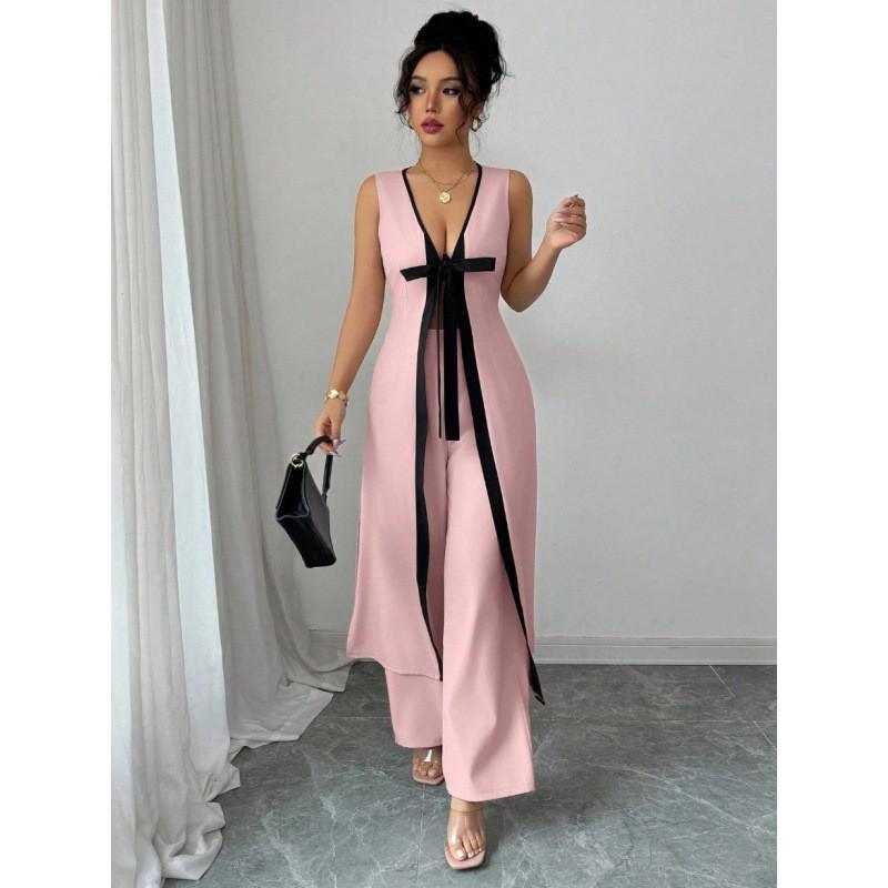 Womens 2-Piece Set: Sleeveless Deep V-Neck Top With Bow Detail Wide-Leg Pants Color-Block Casual Outfit