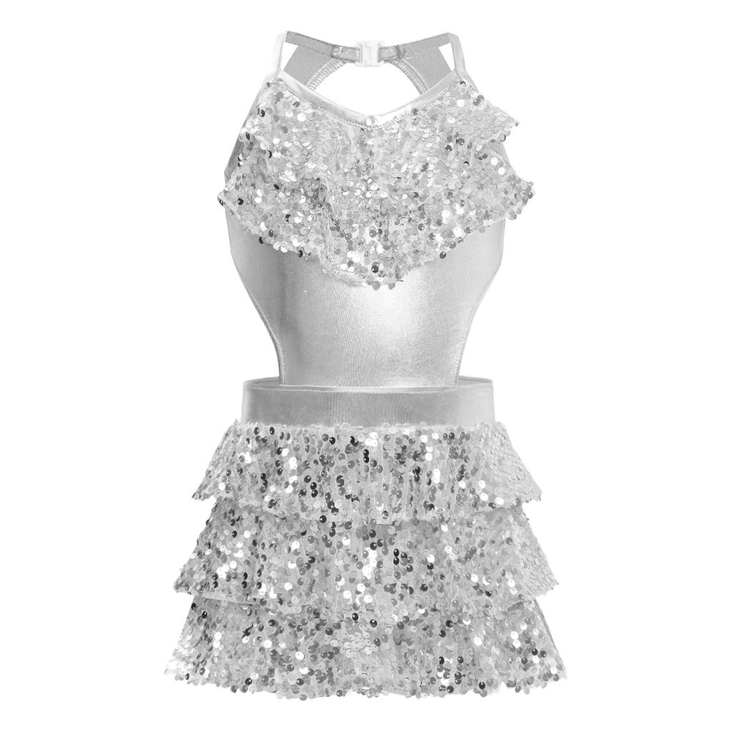 Girls Tiered Ruffle Sequins Dance Dress V Neck Sleeveless Cutout Metallic Design Stage Performance Gown