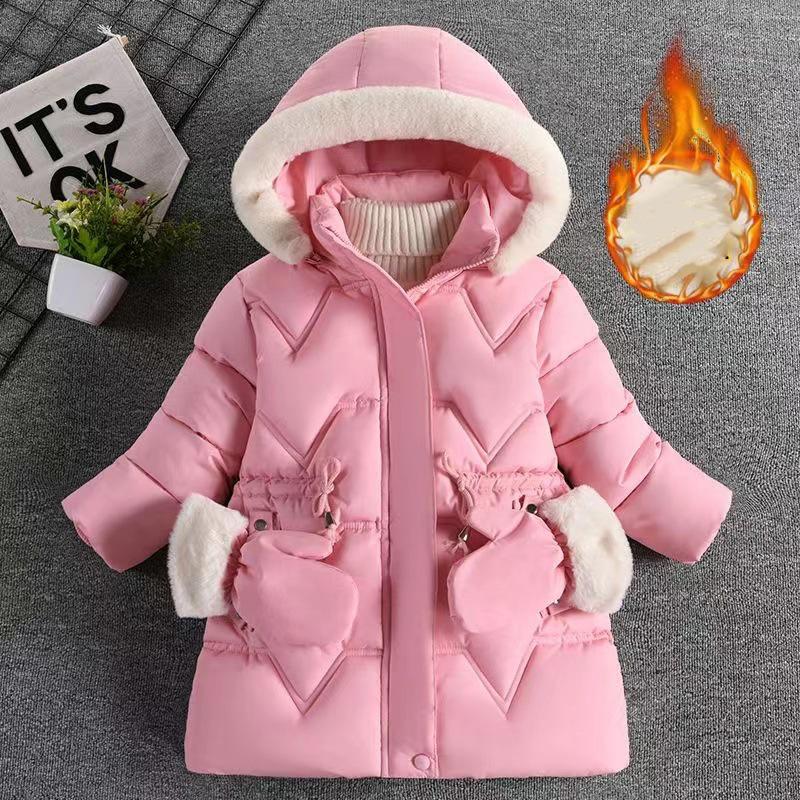 Winter Keep Warm Girls Jacket Solid Long Style Hooded Windbreaker Coat for Kids Children Christmas Outerwear Clothes