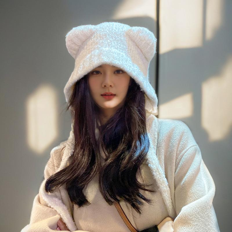 Женская зимняя шапка-бини с мишкой, шапка, подчеркивающая маленькое лицо, теплая вязаная шапка, защита ушей для большой головы, модная шерстяная шапка