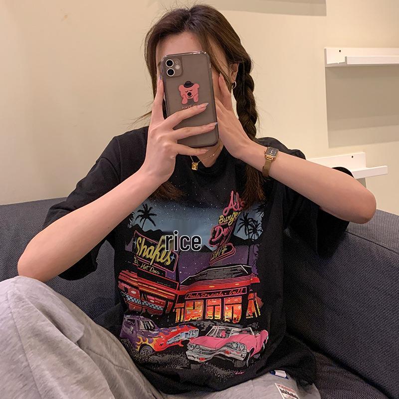 Женская футболка с коротким рукавом свободного кроя в стиле ретро с принтом в корейском стиле - Большой размер, Ранняя весна 2023