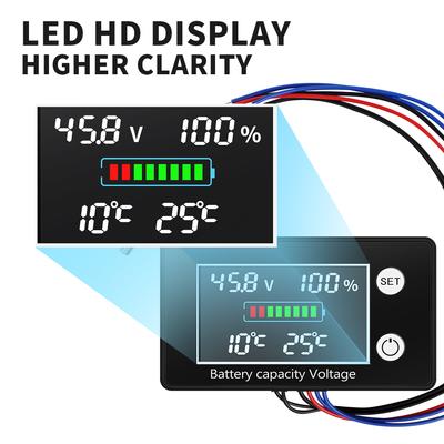 Индикатор емкости аккумулятора DC 10V-100V Свинцово-кислотный Литиевый LiFePO4 Автомобильный Мотоциклетный Вольтметр с контролем температуры