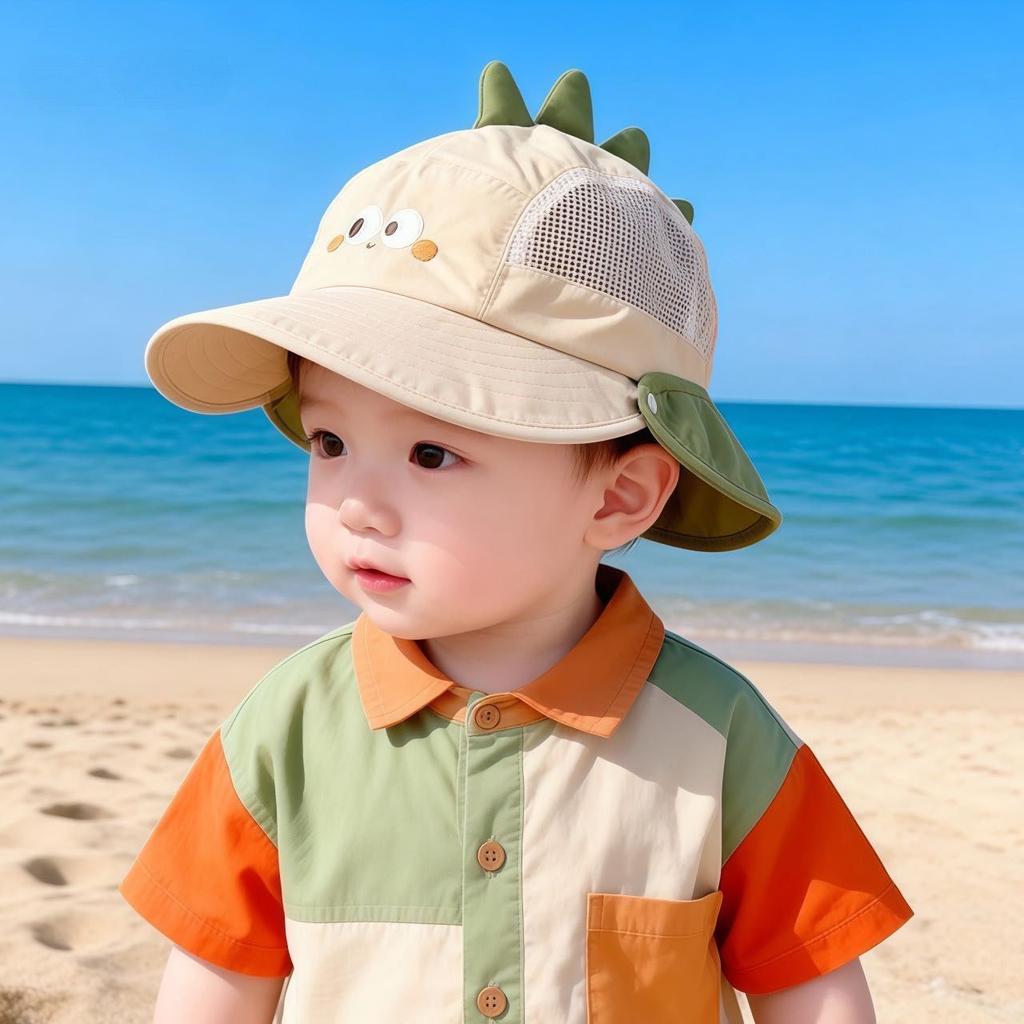 Baby Summer Breathable Mesh Bucket Hat With Removable Neck Flap Large Brim Sun Protection Cute Bear Design For Boys And Girls