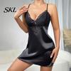 Elegant Nightwear Women Women's Satin Nightgown, Sexy V Neck Chemise Full Nightdress with Suspenders Slip Sleepwear, Sleeveless Sheer Lace Mini