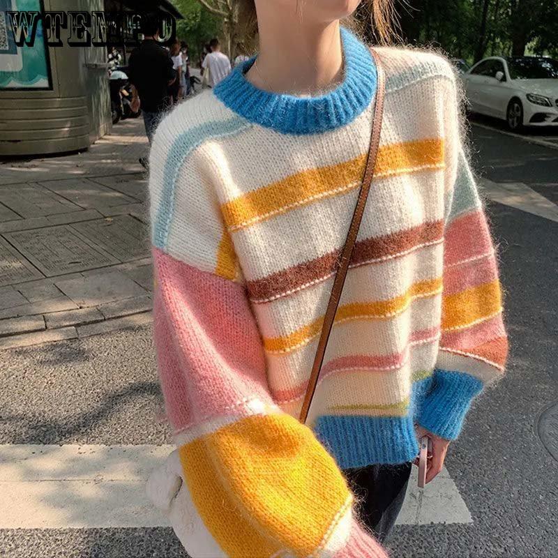 WTEMPO Радужный полосатый женский свитер, милый, с круглым вырезом, вязаный пуловер, джемпер с длинным рукавом, укороченные свитера
