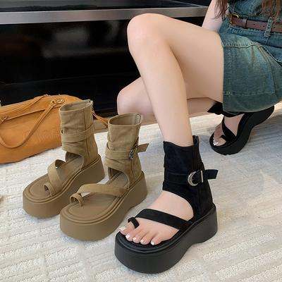 Ботильоны с закрытым носком на толстой подошве, крутые, женские, с голенищем-трубой, летние новые полые сандалии-маффины, жмут ноги, короткие ботинки