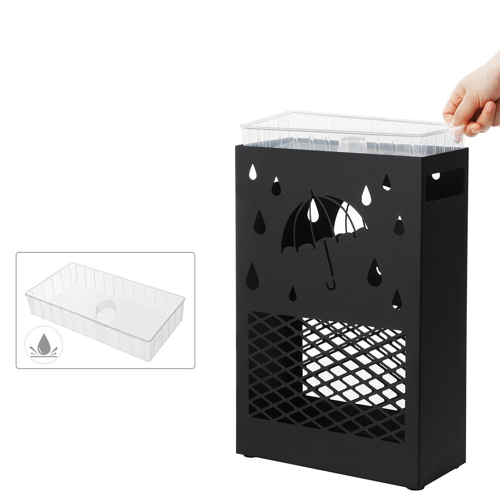 SONGMICS Umbrella Stand Metal Rectangular Umbrella Stand with Removable Water Drip Tray, 4 Hooks, Cutout Design, for Hallway and Office, Black