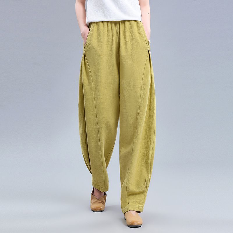 Хлопок льняные драпированные шаровары женские летние винтажные свободные широкие повседневные льняные брюки с высокой талией