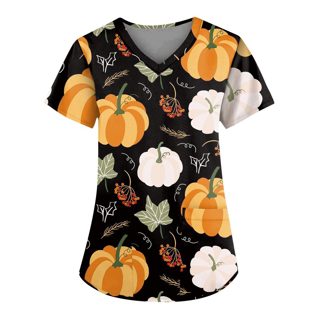 Женская мода повседневный топ с v-образным вырезом и короткими рукавами на Хэллоуин с карманами и принтом